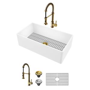 Matte Stone White Composite 33 in. Single Bowl Flat Farmhouse Kitchen Sink with Faucet in Gold, Strainer and Grid
