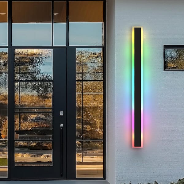 YANSUN 37 in. 1-Light Black Modern Integrated RGB LED Outdoor Wall Light, Waterproof Porch Lantern Sconce for Garden