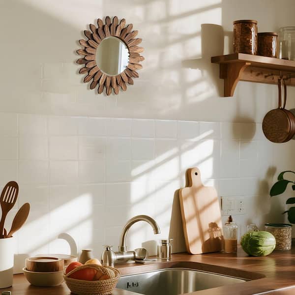 Wall Mirror Decorative, 11.8 in. W x 0.91 in. H Rustic Wood Wall Decor Mirror, Boho Sunburst Aesthetic Mirrors