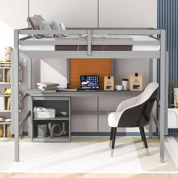 Gray Full Size Wood Loft Bed with Desk and Writing Board, 2 Drawers Cabinet