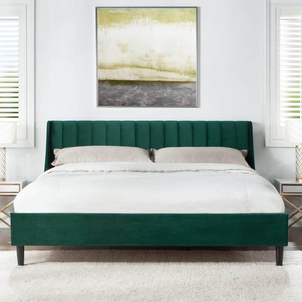 Aspen Evergreen Velvet King Platform Bed with Tufted Headboard