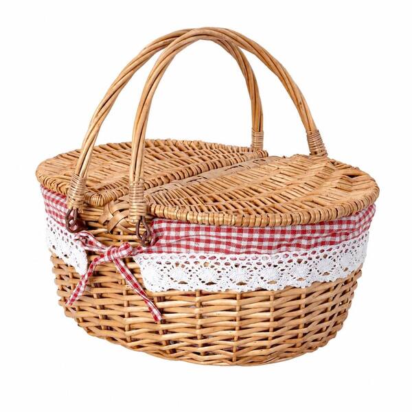 Natural Willow Wicker Picnic Basket with Dual-Flap Lid, Washable Red Lining, 15.75 x 11.81 x 7.48