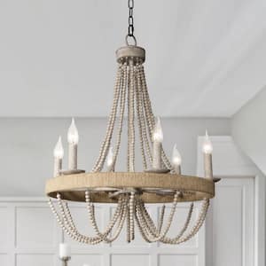 Farmhouse 6- -Light Distressed White Wood Beaded Chandelier