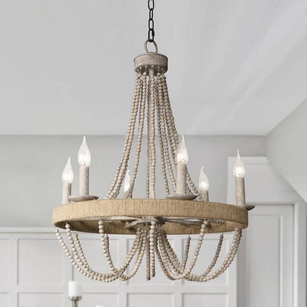 Flint Garden Farmhouse 6-Light Distressed White Wood Beaded Bohemia Chandelier with Adjustable Chain