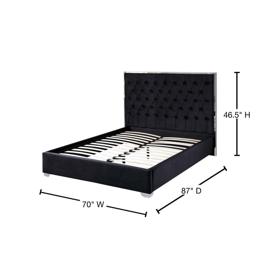 Kressa Black Velvet Tufted Queen Platform Bed with Upholstered Headboard