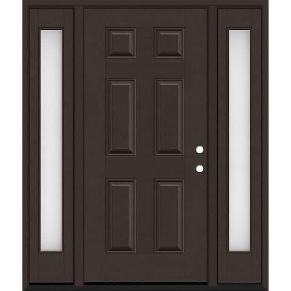 Steves & Sons Regency 64 in. x 80 in. 6-Panel LHIS Hickory Stain Mahogany Fiberglass Prehung Front Door with Obscure 12 in. SLs 6-9/16