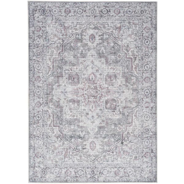 Unbranded Machine Washable Series 1 Ivory Grey 5 ft. x 7 ft. Distressed Traditional Area Rug