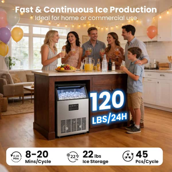 18.9 in. 120 lb./24H Full Size Cubes Freestanding Commercial Ice Maker in Stainless Steel with Dual Water Supply Options