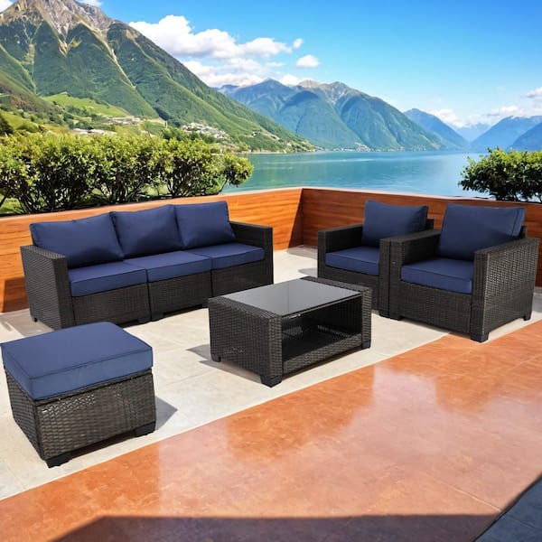 Unbranded 7-Piece Brown Rattan Wicker Outdoor Patio Sectional Sofa Set with Dark Blue Cushions