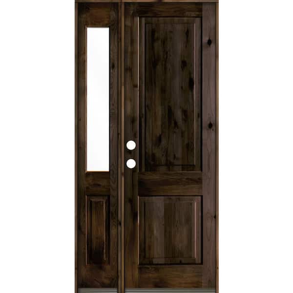 Krosswood Doors 44 in. x 96 in. Rustic knotty alder 2-Panel Sidelite Right-Hand/Inswing Clear Glass Black Stain Wood Prehung Front Door