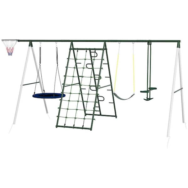 Metal Swing Set for Kids Outdoor Backyard Playground Swing Set w/ Saucer Swing, Glider, Basketball Hoop, Climbing Steps