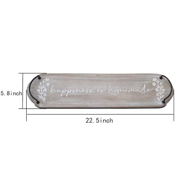 Parisloft Happiness Is Homemade Brown Wood Long Narrow Flat Decorative Tray with 2 Metal Handles, Natural Wood and White