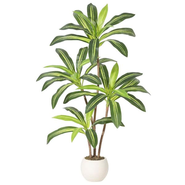 4FT Artificial Dracaena Tree,Artificial Plants Indoor with White Tall Planter,Fake Tropical Floor Plant in Pot
