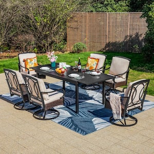 7-Piece Metal Outdoor Dining Set with Extensible Carve Pattern Table and Rattan Swive Chairs with Beige Cushions