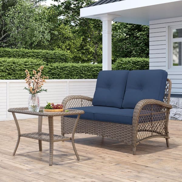 LATTOY Wicker Outdoor Chaise Lounge with Blue Cushions