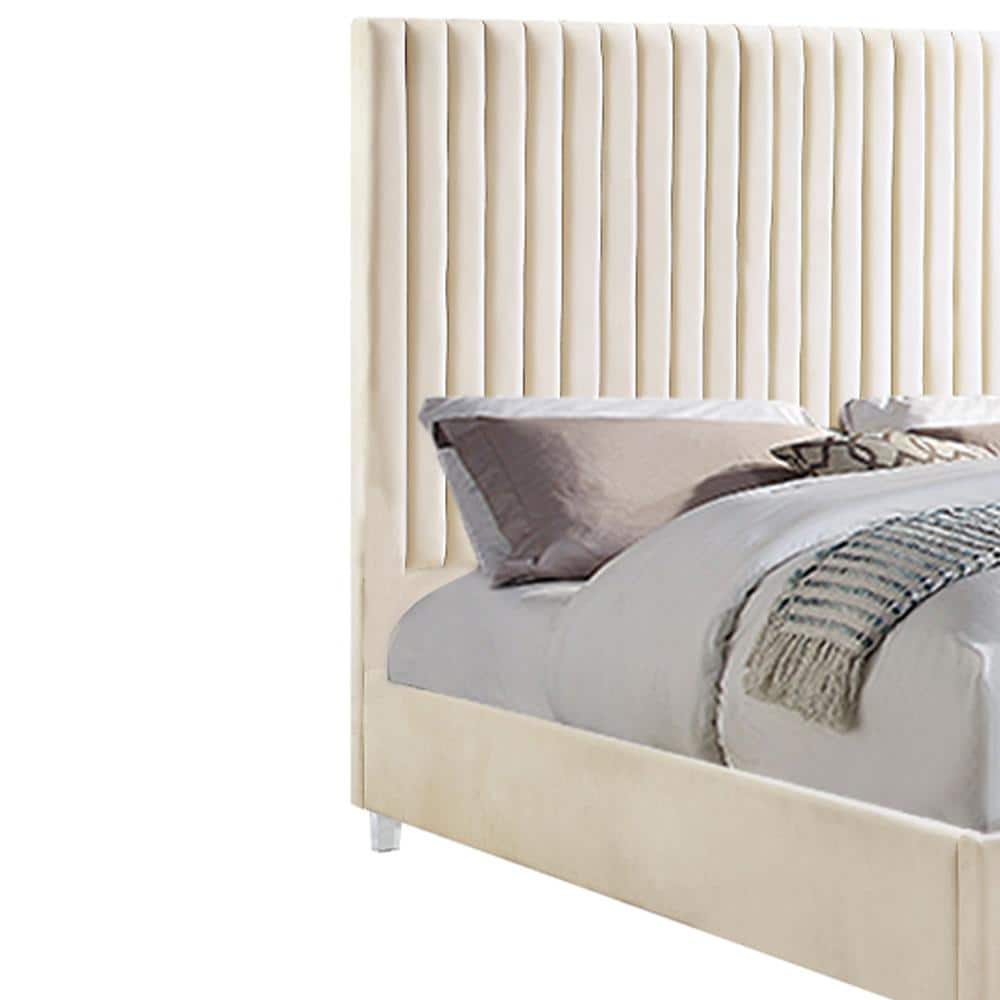 Beige Velvet Upholstered Queen Bed with Tufted Headboard and Slats