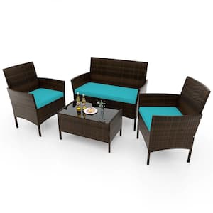 4-Piece Metal Rattan Patio Conversation Set with Turquoise Cushions