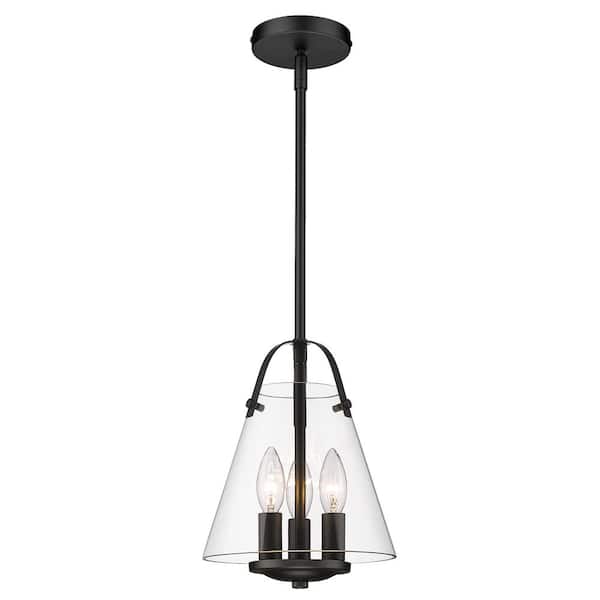 pasentel 3-Light Black Industrial Farmhouse Metal Pendant Hanging Lighting Fixture with Clear Glass Shade, Adjustable Height