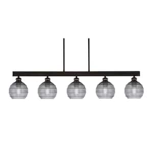 Albany 60-Watt 5-Light Espresso Linear Pendant Light with Smoke Ribbed Glass Shades and No Bulbs Included