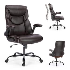 Big and Tall Executive Office Chair Ergonomic Computer Chair in Brown with High Back PU Leather Flip-Up Armrests