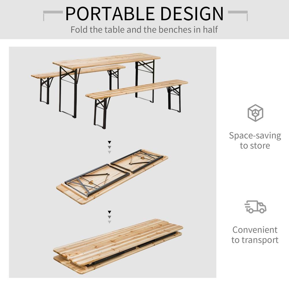 Natural Fir and Black Steel 6' Folding Picnic Table Set