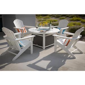 Vail 48 in. Two-Toned White Round Top Fire Pit, 5-Piece Plastic Patio Conversation Set with White Hampton Chairs