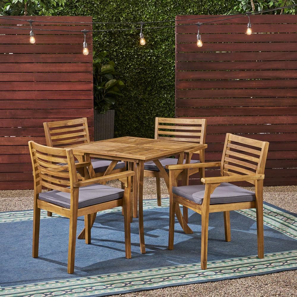 Casa 32 in. Teak Brown 5-Piece Wood Square Patio Outdoor Dining Set with Dark Grey Cushions -  Noble House, 55185