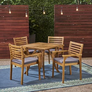 Casa 32 in. Teak Brown 5-Piece Wood Square Outdoor Dining Set with Dark Grey Cushions