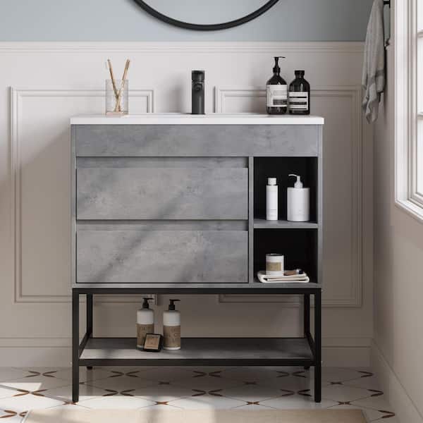 DELUXE DL LIVING Essence 31 in. W x 19 in. D Single Sink Freestanding Bath Vanity in Gray with White Resin Top, 2-Drawers and Shelves