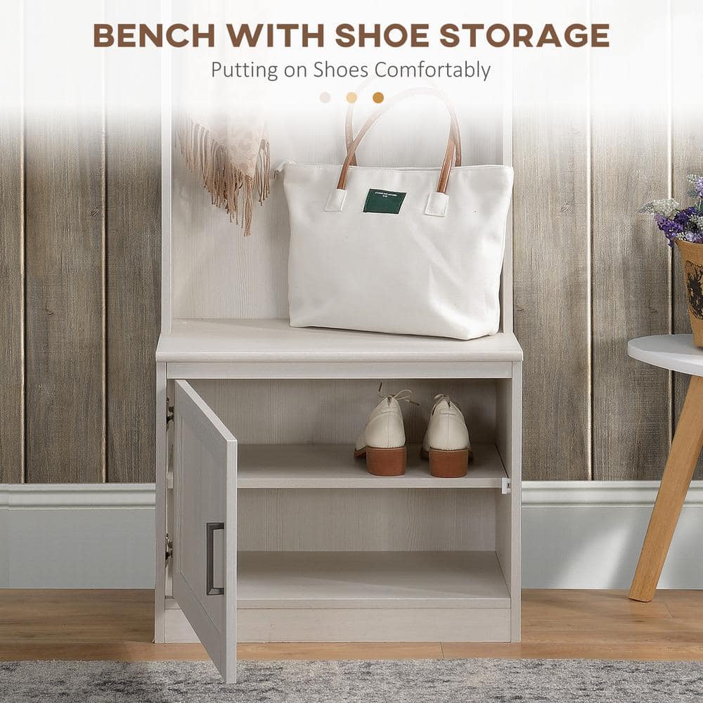 White Wood Hall Tree with Storage Bench and Coat Hooks