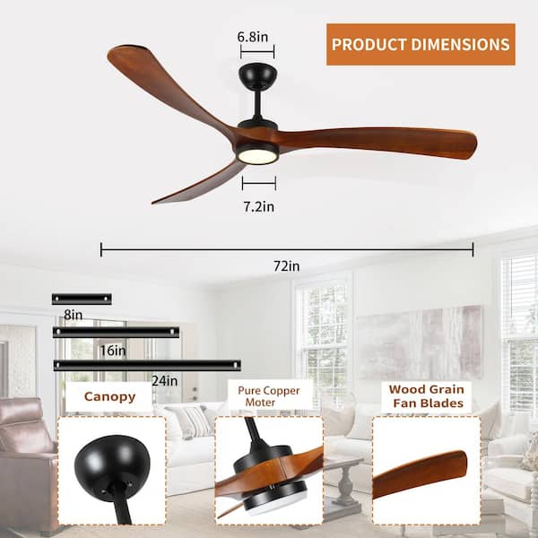 72 in. W Indoor Brown Wood LED Downrod Mount Ceiling Fan with 3-Color Dimmable and Remote Control