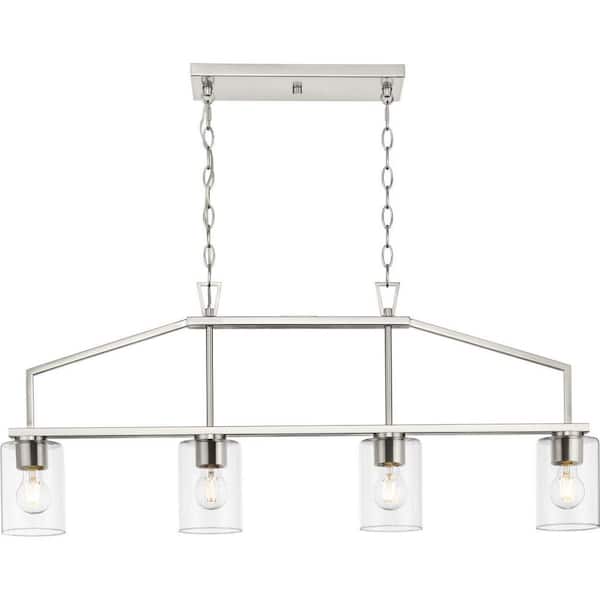 Progress Lighting Goodwin 4-Light Brushed Nickel Farmhouse Clear Glass Linear Large Hanging Kitchen Island Light