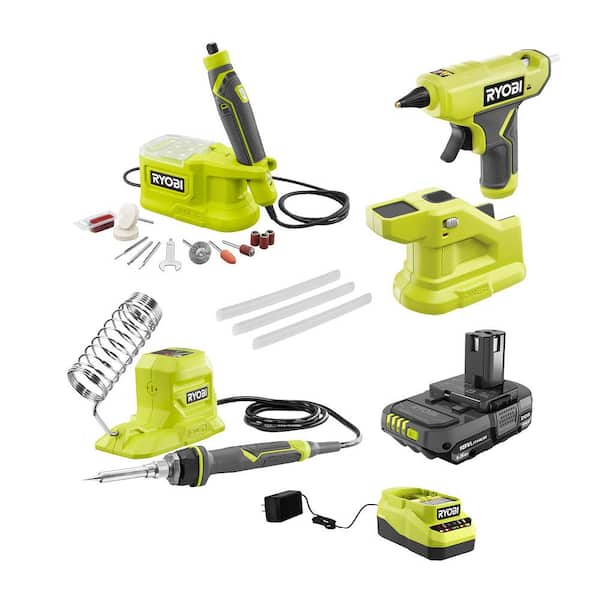 RYOBI ONE+ 18V Cordless 3-Tool Hobby Kit with Compact Glue Gun, Soldering Iron, Rotary 1.5 Ah Battery, and Charger PCL1305K1N - The Depot