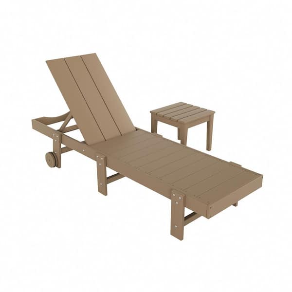 WESTIN OUTDOOR Shoreside 2-Piece Modern Plastic Outdoor Reclining Chaise Lounge With Wheels and Side Table in Weather wood