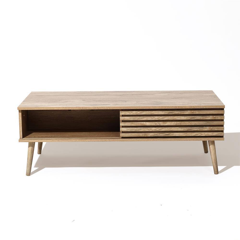 Mid-Century Modern Light Brown Wood Coffee Table with Storage