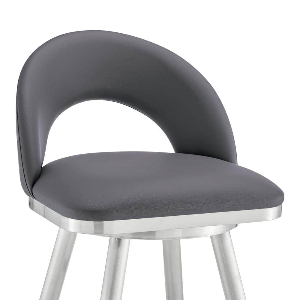 Gray Faux Leather Swivel Bar Stool with Brushed Stainless Steel Frame
