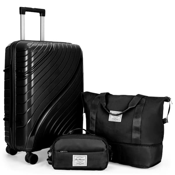 Hardside Hard Shell 2 of Bag 3-Piece Black 20 in. PP Luggage Set Suitcases with TSA Lock