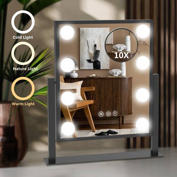 YULIKA 12 in. W x 14.17 in. H LED Vanity Mirror Rectangular Framed Makeup Mirror Tabletop Bathroom Vanity Mirror in Black
