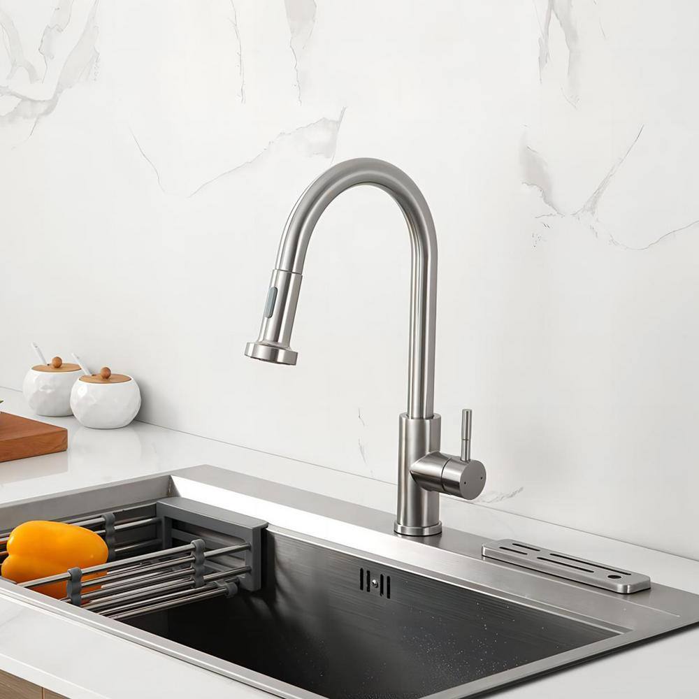 Satico Amuring Single Handle Pull Out Sprayer Kitchen Faucet in Brushed ...