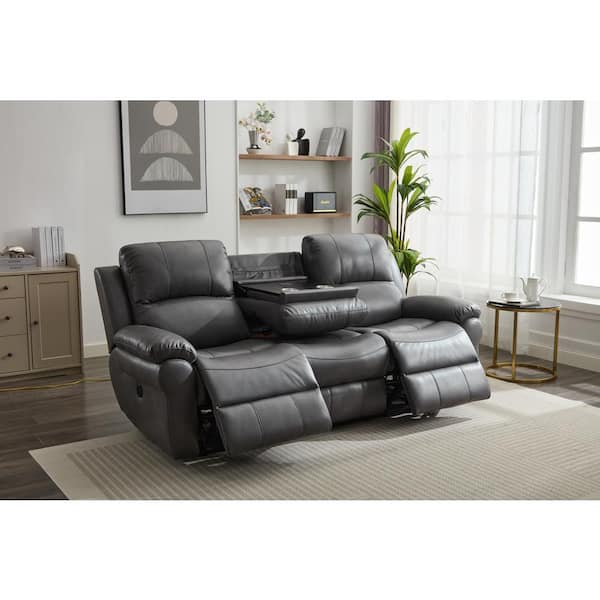 83 in. W Round Arm Faux Leather Rectangle Power Reclining Sofa in. Gray with Cup Holders, Wireless Charger, Magazine Bag