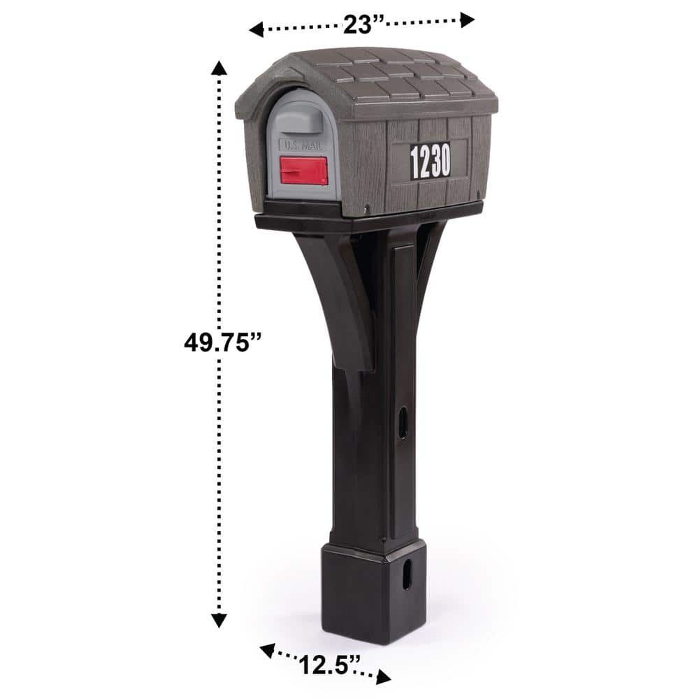 Classic Gray Stone and Black Plastic Mailbox with Post