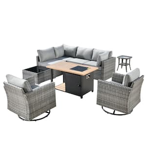 Sanibel Gray 9-Piece Wicker Outdoor Patio Conversation Sofa Sectional Set with a Storage Fire Pit and Dark Gray Cushions