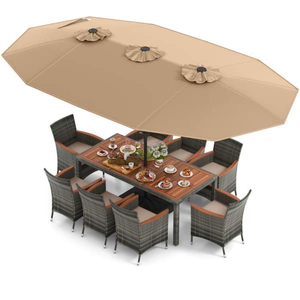 10-Piece Wicker Outdoor Dining Set with 15 ft. Double-Sided Patio Brown Umbrella and Beige Cushions