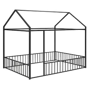 Black Full Size Metal House Bed Floor Bed with Fence Guardrails