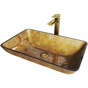 Glass Rectangular Vessel Bathroom Sink in Gold with Norfolk Faucet and Pop-Up Drain in Matte Gold