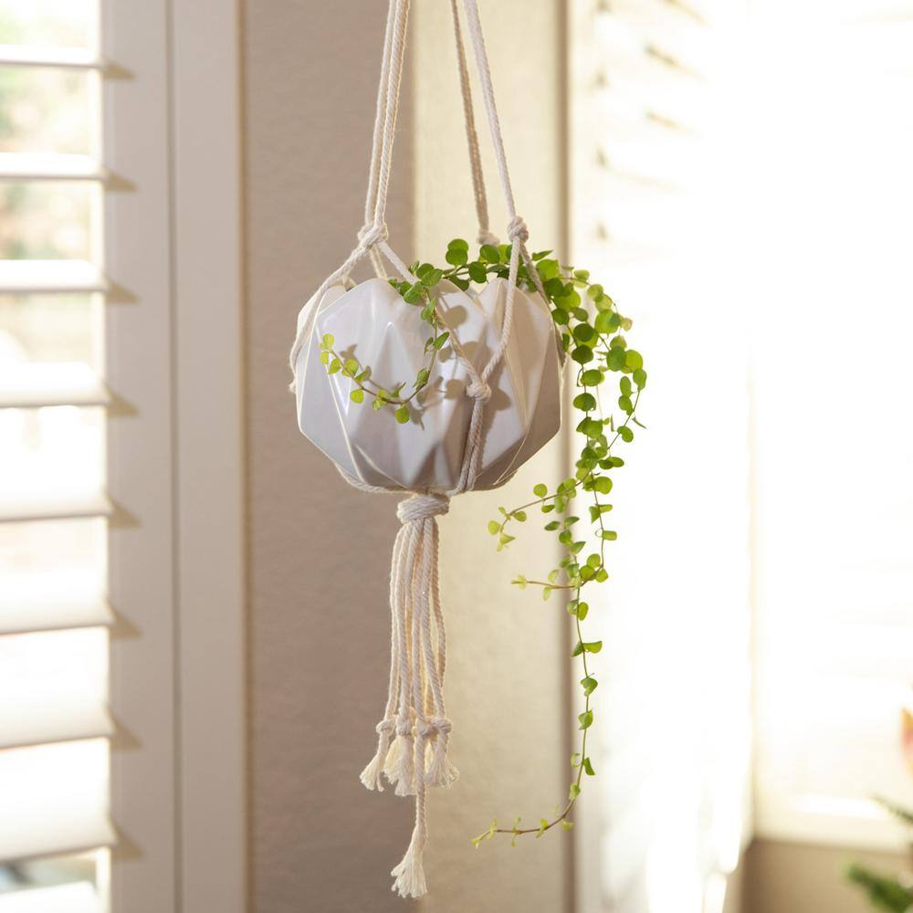 Matte White Ceramic Macrame 5'' Hanging Planter for Indoor & Outdoor