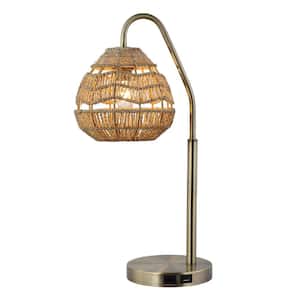19.5 in. Brushed Gold USB Table Lamp with Hemp Shade