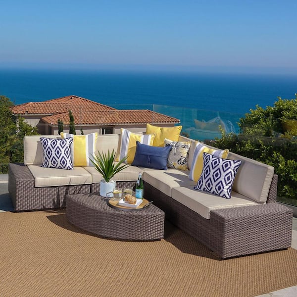 Noble House Hazelnut Brown 6-Piece Wicker Outdoor Sectional and Table Set with Beige Cushions
