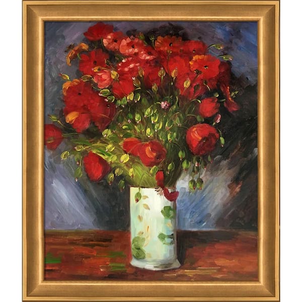 LA PASTICHE Vase with Red Poppies, 1886 by Vincent Van Gogh Muted Gold Glow Framed Abstract Oil Painting Art Print 24 in. x 28 in.
