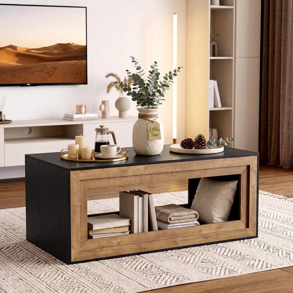 47.2 in. Black and Brown Rectangle Engineered Wood Coffee Table with Open Storage